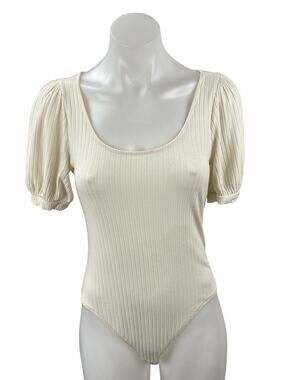 & Other Stories Beige Cream Short Puff Sleeve Scoop Neck Blouse Bodysuit Top M